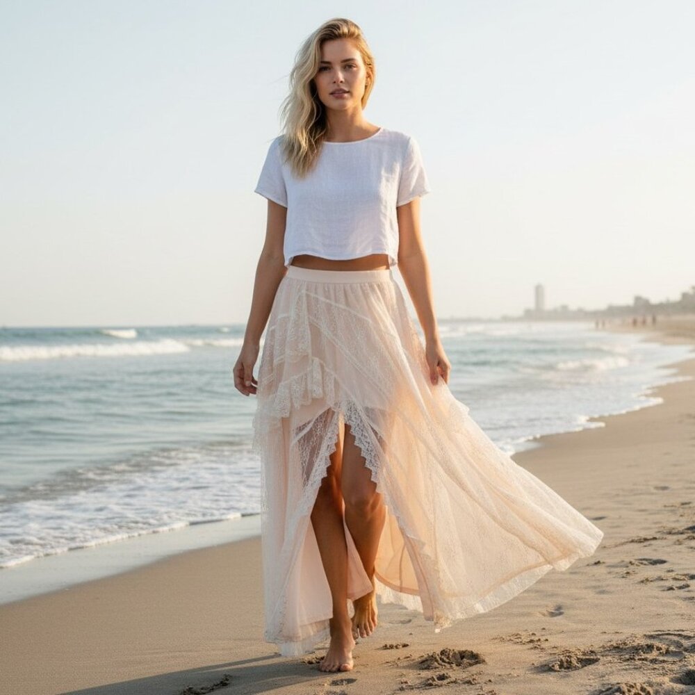 NEW! BaeVely Cream Sexy Split Front Ruffled Lace Maxi Skirt Size L